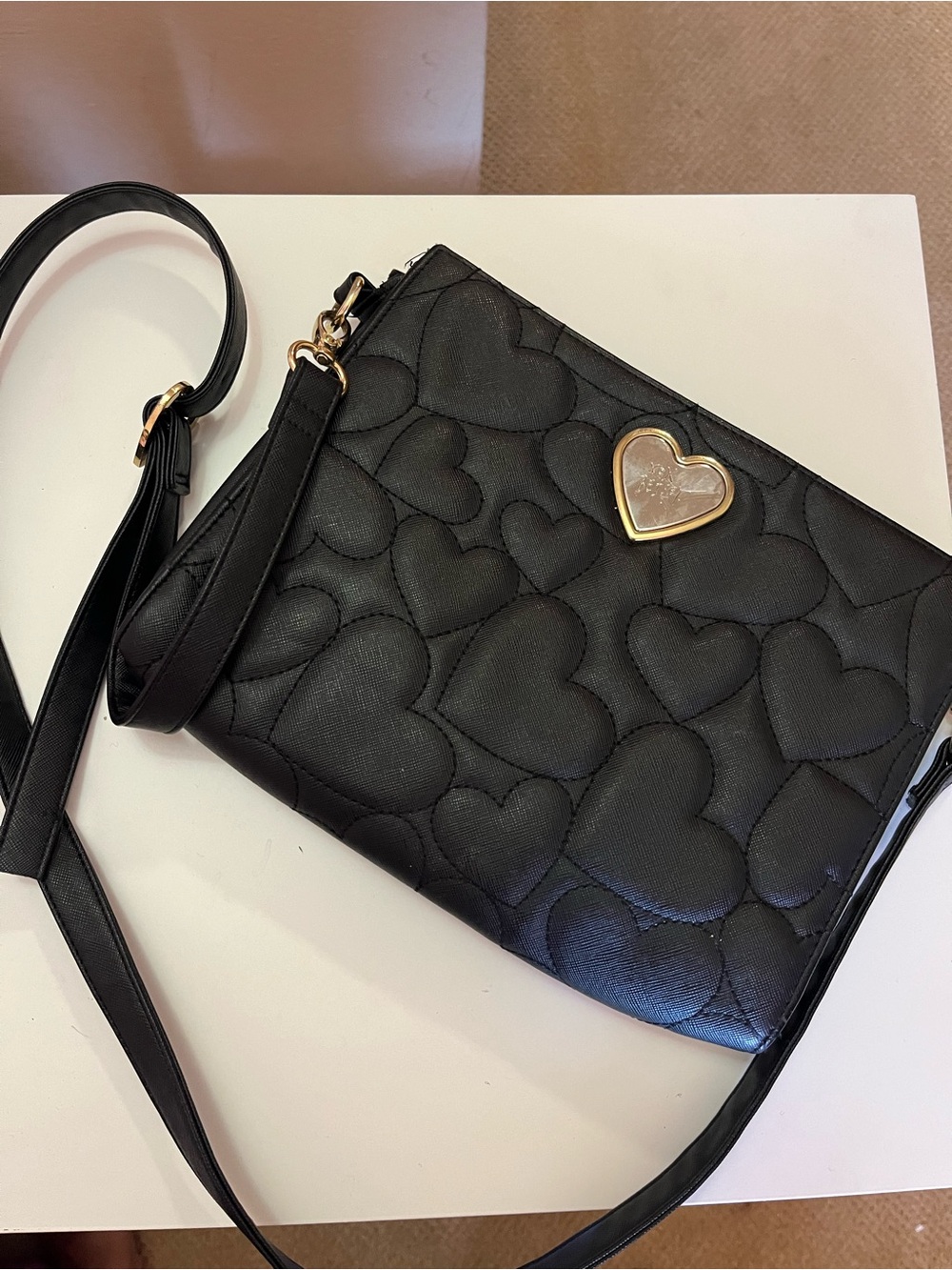 Betsey Johnson Black Quilted Heart Crossbody with Gold Heart Accent